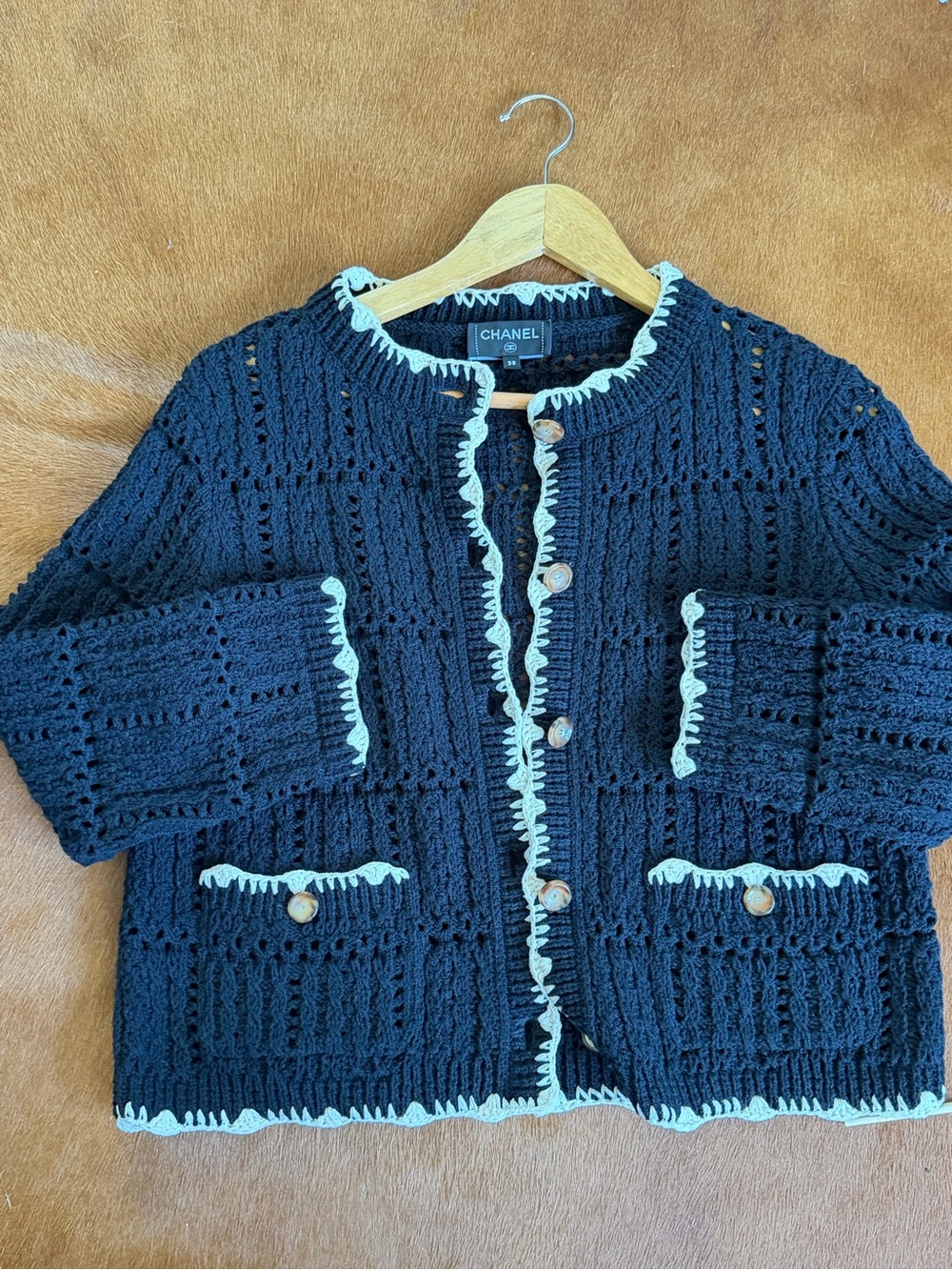 CHANEL Black Crochet Jacket with White Trim Like NEW